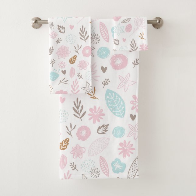 Pastel Flowers and Foliage Pattern Bath Towel Set (Insitu)