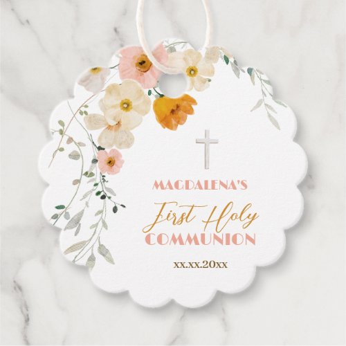 Pastel flowers and greenery First Holy Communion  Favor Tags