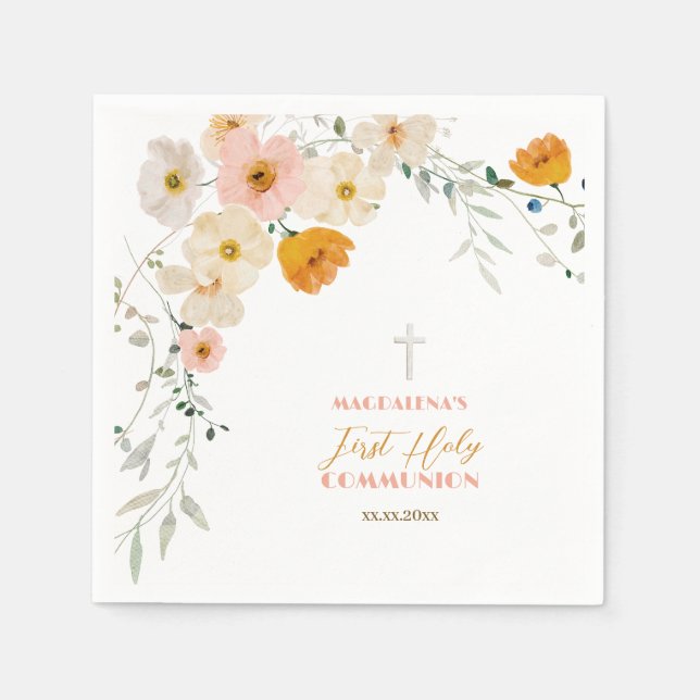 Pastel flowers and greenery First Holy Communion  Napkins (Front)