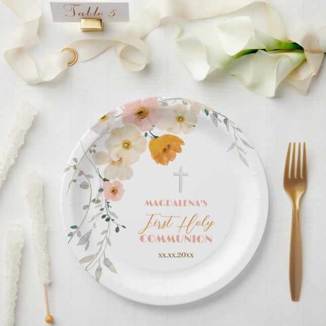 Pastel flowers and greenery First Holy Communion Paper Plates (Wedding)