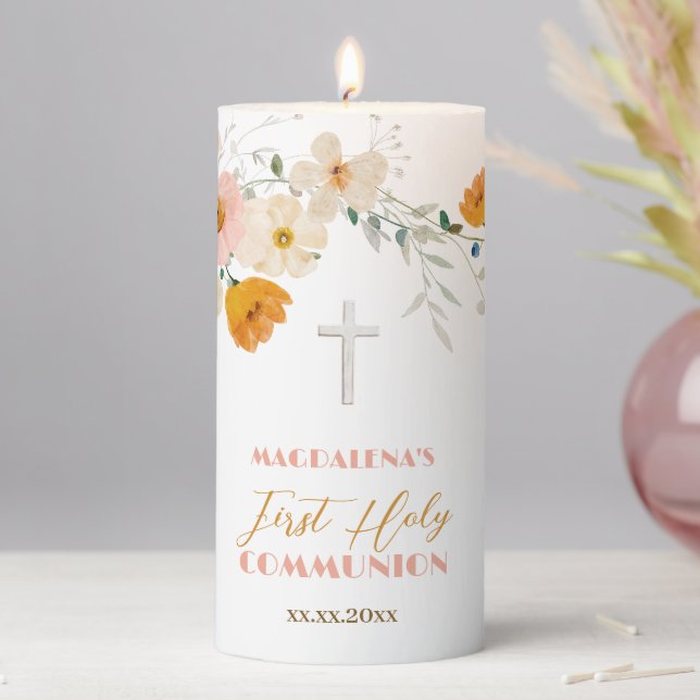 Pastel flowers and greenery First Holy Communion Pillar Candle (In Situ)