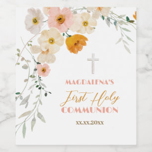 Pastel flowers and greenery First Holy Communion Wine Label