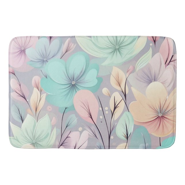 Pastel Flowers and Leaves on Purple Background Bath Mat (Front)