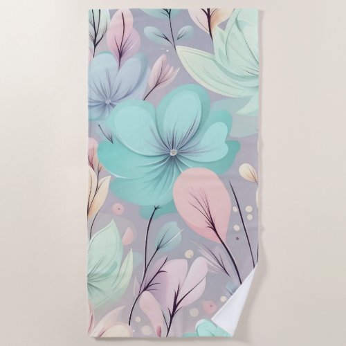 Pastel Flowers and Leaves on Purple Background Beach Towel