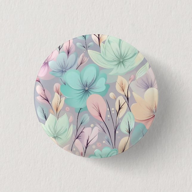 Pastel Flowers and Leaves on Purple Background Button (Front)