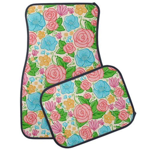 Pastel Flowers and Roses In Pink Blue And Beige Car Mat
