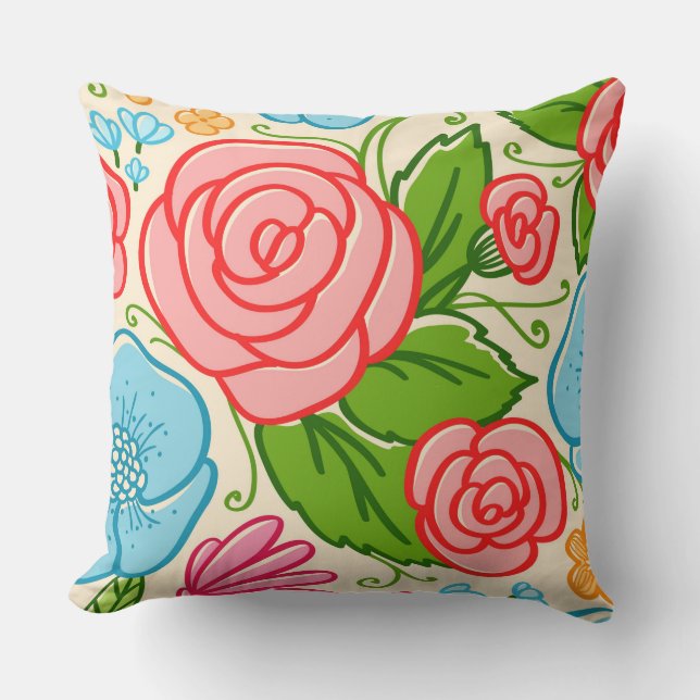 Pastel Flowers and Roses- Pink Blue And Beige 3 Throw Pillow (Front)