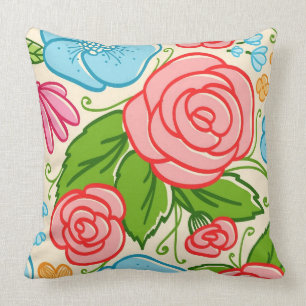 Pastel Flowers and Roses- Pink Blue And Beige 3 Throw Pillow