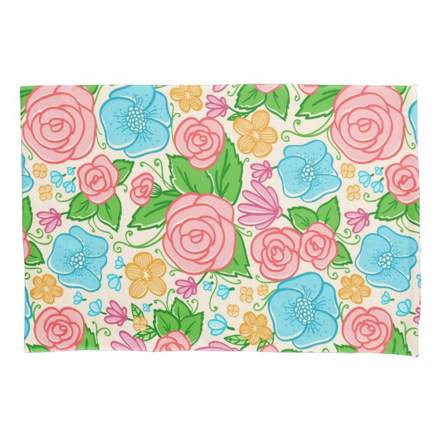Pastel Flowers and Roses- Pink Blue And Beige Pillow Case (Front)