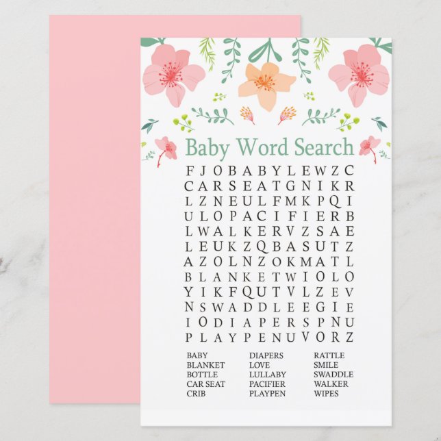 Pastel flowers Baby Shower Word Search Game (Front/Back)