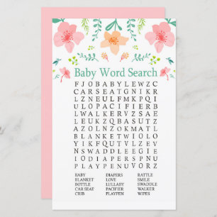 Pastel flowers Baby Shower Word Search Game
