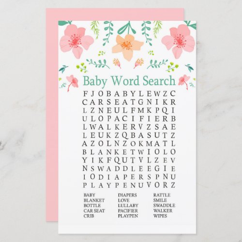 Pastel flowers Baby Shower Word Search Game