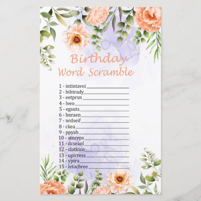 Pastel Flowers Birthday Word Scramble Game (Front)