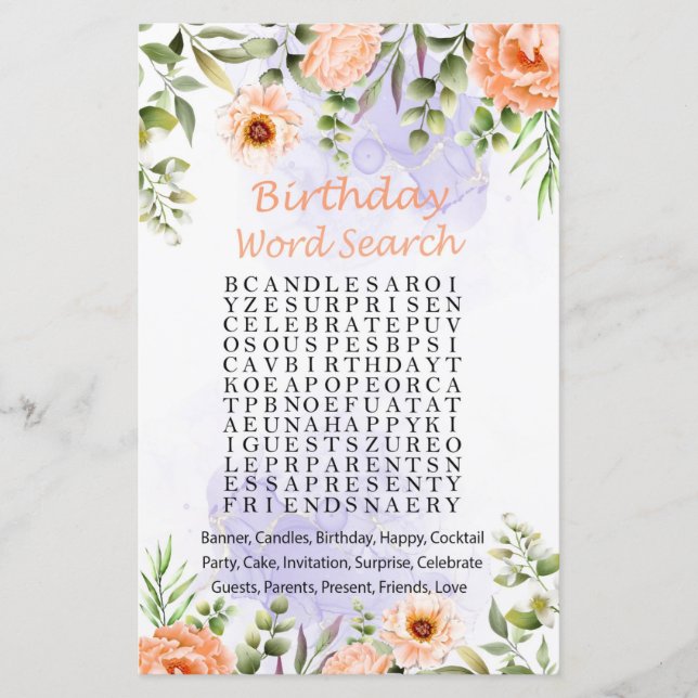 Pastel Flowers Birthday Word Search Game (Front)