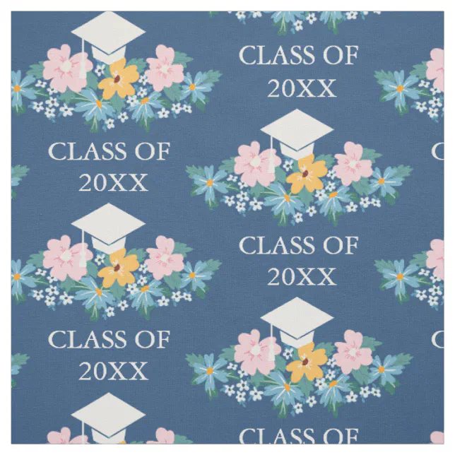 Pastel Flowers Blue Graduation Class of Pattern Fabric | Zazzle