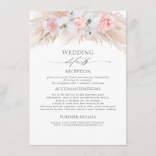 Pastel Flowers Exotic Pampas Grass Wedding Details Enclosure Card