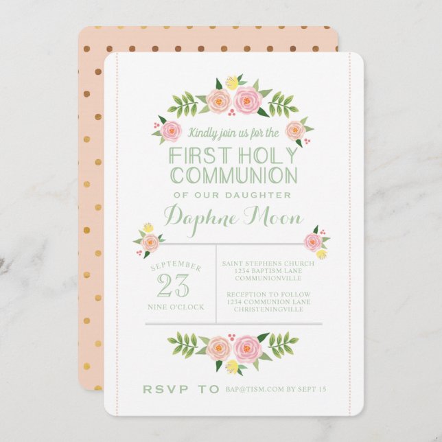 Pastel Flowers First Holy Communion Invitation (Front/Back)