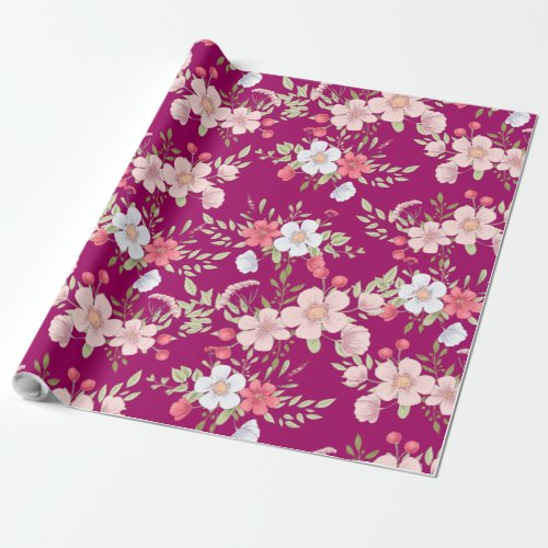 Pastel Flowers Floral Print on Elegant Purple Wrapping Paper