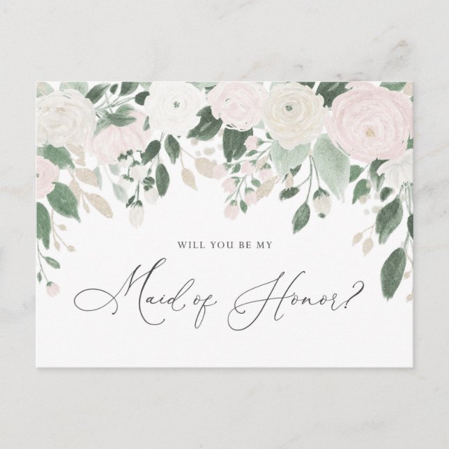 Pastel Flowers Glitter Maid of Honor Proposal Invitation Postcard (Front)