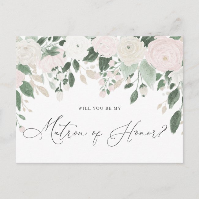 Pastel Flowers Glitter Matron of Honor Proposal Invitation Postcard