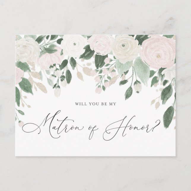 Pastel Flowers Glitter Matron of Honor Proposal Invitation Postcard (Front)