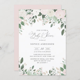 Pastel Flowers Gold Glitter Leaves Baby Shower Invitation