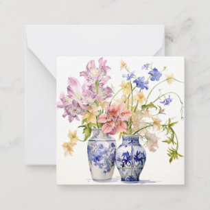 Pastel Flowers In Delft Vases Flat Note Card