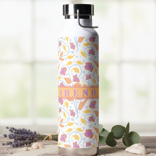 Pastel Flowers & Leaves With Center Banner Water Bottle