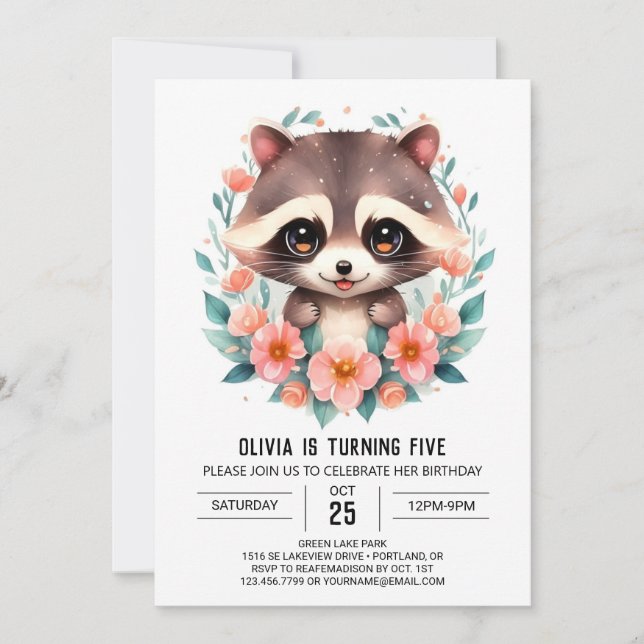  Pastel Flowers Raccoon Girl Birthday Invitation (Front)