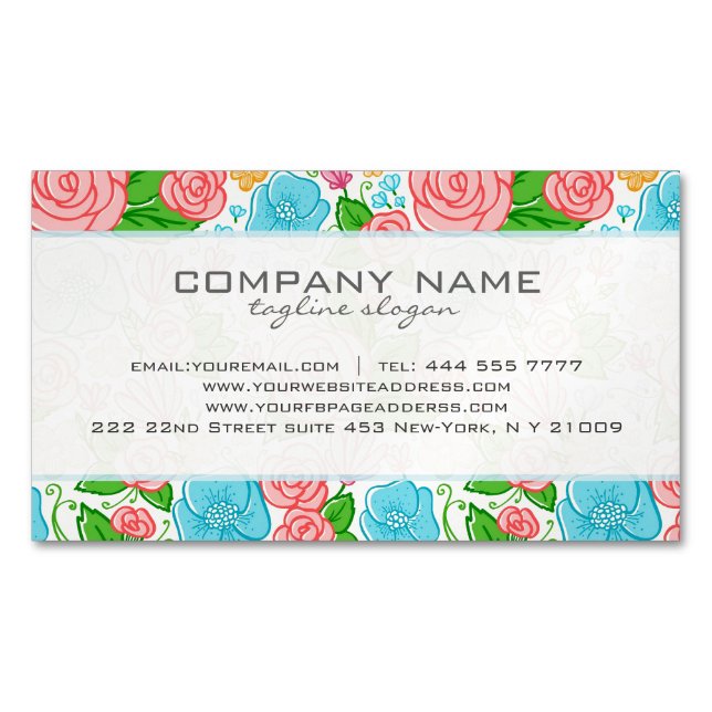 Pastel Flowers & Roses In Pink Blue And White Business Card Magnet (Front)