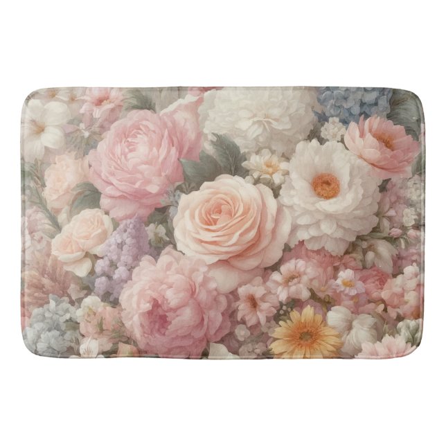 Pastel Flowers Shabby Chic Rose Floral Pattern Bath Mat (Front)
