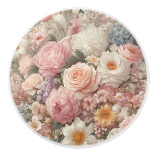 Pastel Flowers Shabby Chic Rose Floral Pattern Ceramic Knob