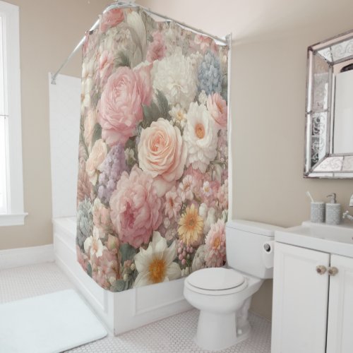 Pastel Flowers Shabby Chic Rose Floral Pattern Shower Curtain