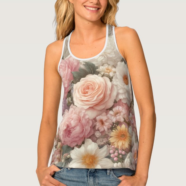 Pastel Flowers Shabby Chic Rose Floral Pattern Tank Top (Front)