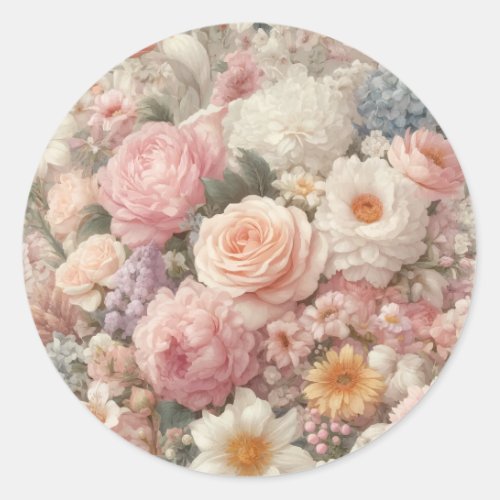Pastel Flowers Shabby Chic Rose Floral Wedding Classic Round Sticker