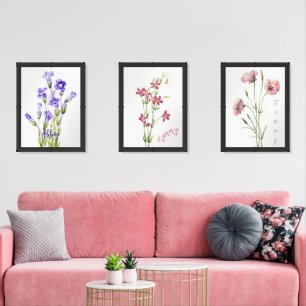 Pastel Flowers - Soft Botanical Watercolor w/ Name Wall Art Sets