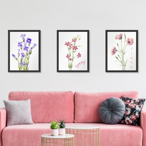 Pastel Flowers _ Soft Botanical Watercolor w Name Wall Art Sets