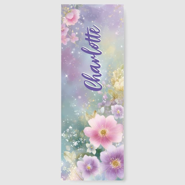 Pastel Flowers Sparkle Glitter Personalized Bookmarks (Front)