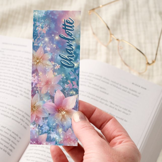 Pastel Flowers Sparkling Glitter Personalized Bookmarks (Hand)