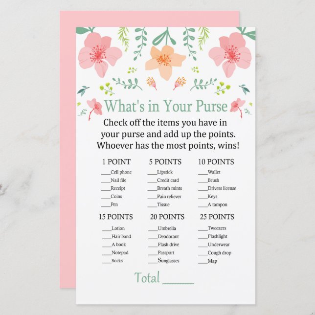 Pastel flowers What's in your purse game (Front/Back)