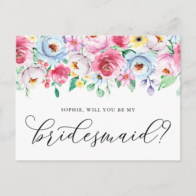 Pastel Flowers Will You Be My Bridesmaid Card (Front)