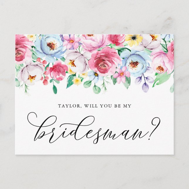 Pastel Flowers Will You Be My Bridesman Card (Front)