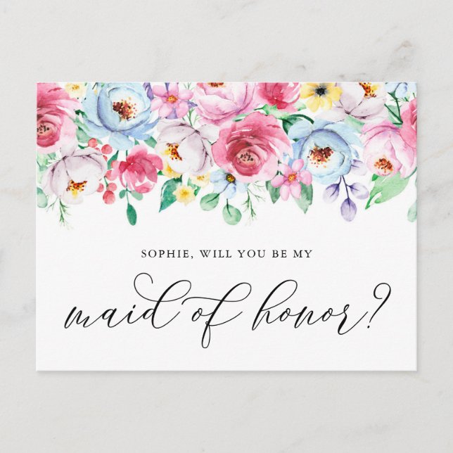 Pastel Flowers Will You Be My Maid of Honor Card (Front)