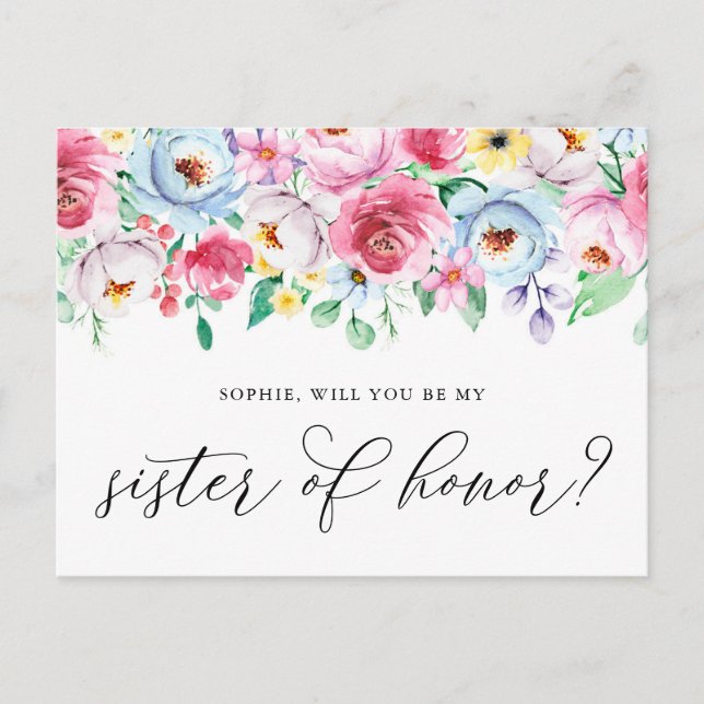 Pastel Flowers Will You Be My Sister of Honor Card (Front)