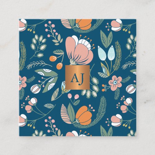 Pastel flowers with metallic copper monogram blue square business card