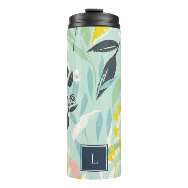 Pastel Foliage Pattern Monogram Thermal Tumbler (Front)