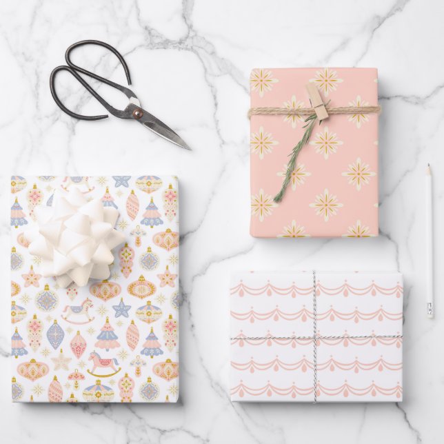 Pastel Folk Art Christmas Holiday Wrapping Paper Sheets (Front)