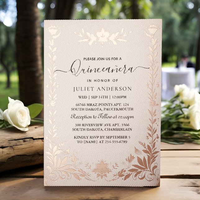 Pastel Font Dusty Glam Rose Gold Quinceanera Foil Invitation (Creator Uploaded)