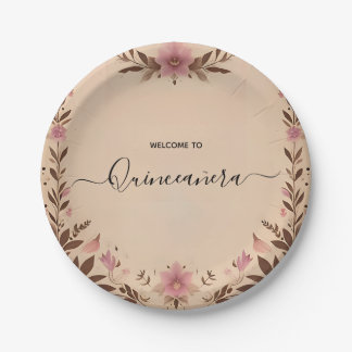 Pastel Font Dusty Glam Rose Gold Quinceanera Paper Plates
