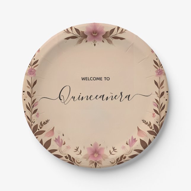 Pastel Font Dusty Glam Rose Gold Quinceanera Paper Plates (Front)